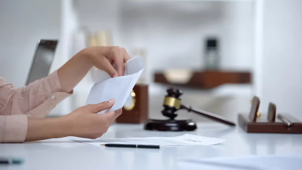 A person handling an envelope with a gavel in the background, possibly symbolizing legal or judicial matters.